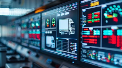 modern logistics control center with multiple monitors displaying real-time truck tracking and fleet management data.