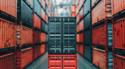 Fototapeta premium shipping container stacked in a row of red and black containers at a cargo terminal.