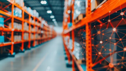 modern warehouse logistics and distribution network with connected data and network visualization, abstract illustration of supply chain management