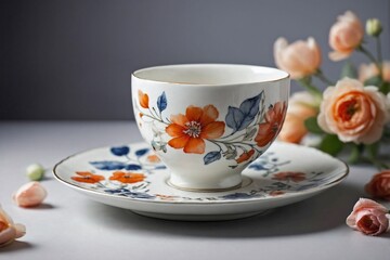 Fototapeta premium a porcelain cup with floral paintings on the edge of a thin, minimalist white table.