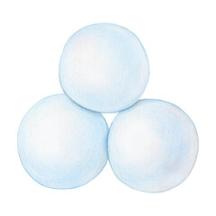 Painted round snowballs. Winter frozen snow ball, Christmas snowy decorations for kids winter snowballs game elements painted illustration. White snowballs pile on isolated background