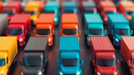 Obraz premium a colorful sea of delivery trucks in a dense traffic jam - representing busy city logistics and transportation