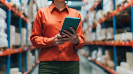woman warehouse worker using tablet for inventory management and logistics in modern distribution center.