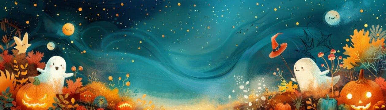 Cute Halloween scene with friendly ghosts pumpkins and stars in a whimsical night setting