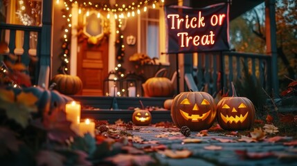 Halloween porch with illuminated jack-o'-lanterns, trick or treat glowing sign and autumn decorations inviting trick-or-treaters