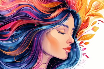 Woman with flowing multicolored hair blending into vibrant swirls, representing dynamic creativity and imagination.