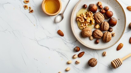 Fototapeta premium Plate with nuts and honey dipper on white surface