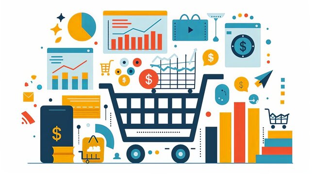 Commerce strategy, market analysis, economic insights, flat design illustration