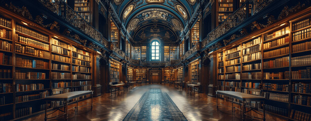 Stunning Historic Library Featuring Rare Old Books and Manuscripts with Baroque Architecture and Dark Moody Photography