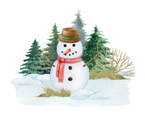 Funny snowman on snowy ground with winter time fir trees. Painted vintage style illustration. Hand drawn snowman in winter forest scene. Traditional outdoor snow decoration. White background