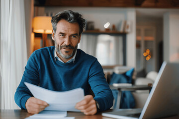 Fototapeta premium Happy man working at home with laptop in modern apartment, reading documents and smiling, wearing blue sweater, professional executive analyzing business paperwork