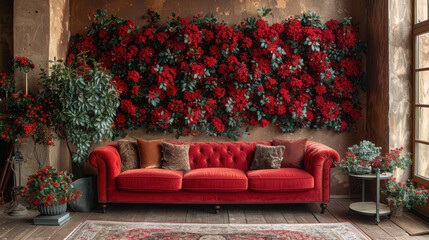 Obraz premium A luxurious red velvet sofa sits in a room with a wall of red flowers. 