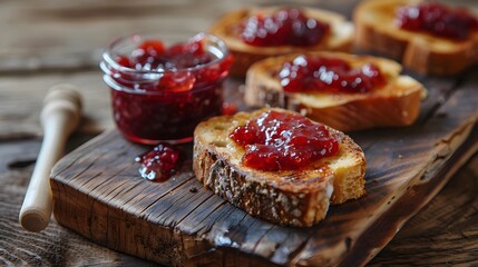 Delicious toasts with sweet jams on wooden background. 