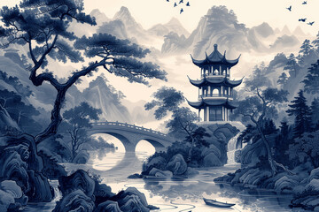 blue and white chinoiserie toile de jouy landscape seamless pattern