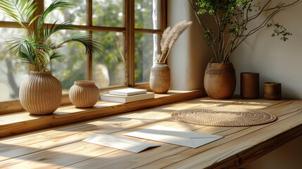 The desk is made of natural wood and has a light brown finish.