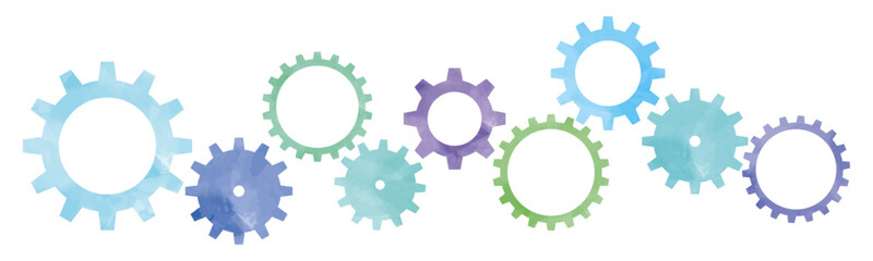 水彩　歯車　イラスト　寒色系　青と水色と緑