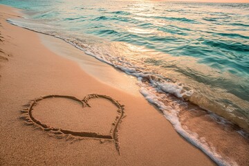 A sandy beach surface with a heart-shaped imprint made using two curved lines
