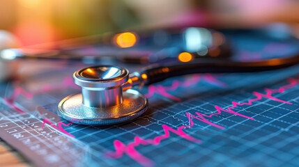 Close-up of a stethoscope resting on an electrocardiogram (ECG) graph