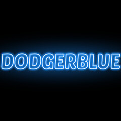 Neon Dodger blue colour and text isolated on black background. Illustration text, Neon inscription with backlight in Bold style, Isolated glowing title for decoration.