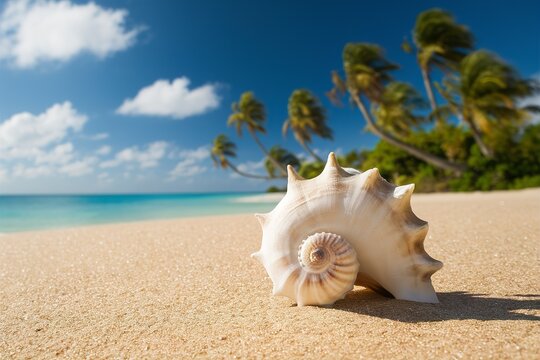 A pristine beach setting with clear blue skies overhead. In the foreground, there's a seashell