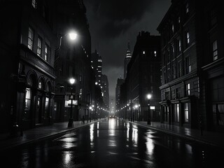 Black and white moody cityscape at rainy night, street lights, cars, wet road.