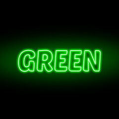 Neon green colour and text isolated on black background. Illustration text, Neon inscription with backlight in Bold style, Isolated glowing title for decoration.