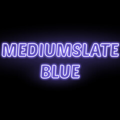 Neon medium slate blue colour and text isolated on black background. Illustration text, Neon inscription with backlight in Bold style, Isolated glowing title for decoration.