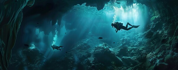 Fototapeta premium Underwater Cave Exploration with Divers