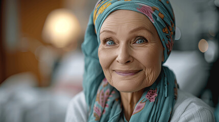 Smiling elderly woman with cancer wearing headscarf in hospital sitting in hospital room