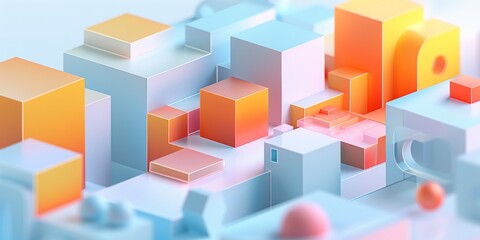 Obraz premium Abstract Futuristic 3D Render Minimalistic Style with Floating Geometric Shapes Isometric Design, Light Color Theme, Bright Background, and Soft Lighting
