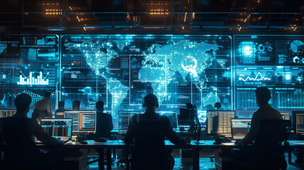 Cybersecurity Operations and Incident Response Team in Futuristic High-Tech Office