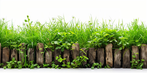 Fototapeta premium Green grass and wooden fence on a white background