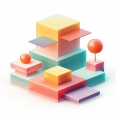 Abstract Futuristic 3D Render Minimalistic Style with Floating Geometric Shapes Isometric Design, Light Color Theme, Bright Background, and Soft Lighting
