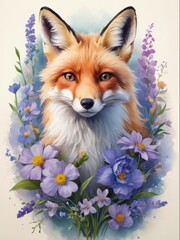 Obraz premium Gorgeous red fox portrait, surrounded by flowers, illustration