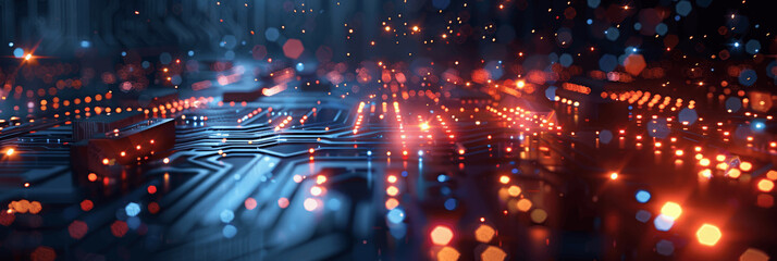 Abstract Digital Background with Glowing Lights and Circuit Elements for Technology and Data Transfer