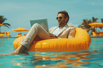 Remote Work Concept: Businessman Floating on Inflatable Chair Using Laptop in Pool with Sunglasses