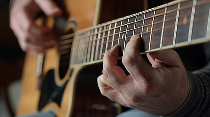 Fototapeta premium A close-up of a musician's hands playing an acoustic guitar