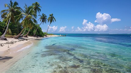 Fototapeta premium A tranquil beach with palm trees and turquoise waters under a clear sky