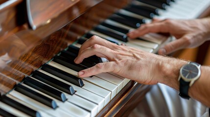 Obraz premium A close-up of a musician playing a grand piano with passion