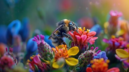 A macro shot of a bee pollinating a colorful wildflower