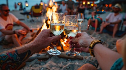 A group of friends toasting with wine glasses at a beach bonfire