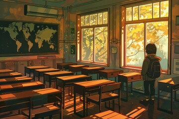 A classroom with a soft glow and a gentle hush. Someone organizes colored pencils. Cozy vibe, Generative AI