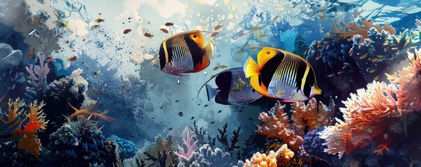 Fototapeta premium Colorful tropical fish swim among vibrant coral reefs in a sunlit underwater scene teeming with marine life and natural beauty.