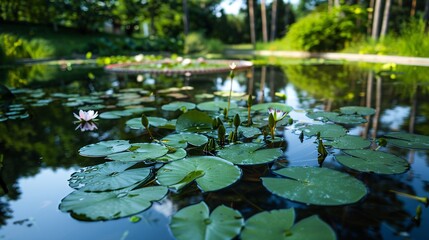 A serene pond with water lilies and reflections of surrounding trees © gundo850