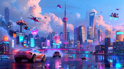 A futuristic city skyline with sleek skyscrapers and flying cars