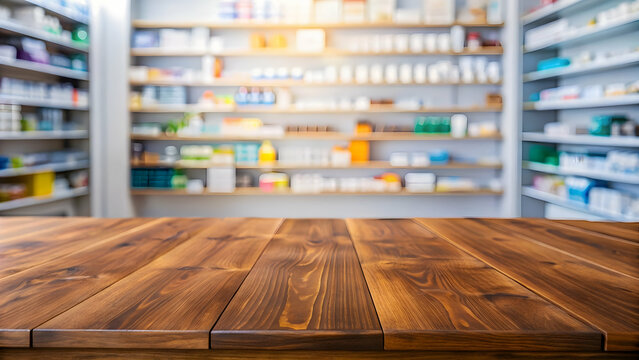 Empty wooden table Pharmacy storefront with a table showcasing a colorful balloon display blurred pharmacy store background 