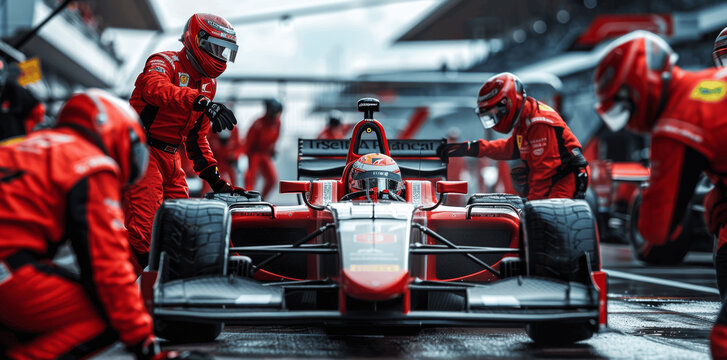 Intense Pit Stop Action with Racing Crew in Red Overalls Servicing F2 Race Car During Daylight