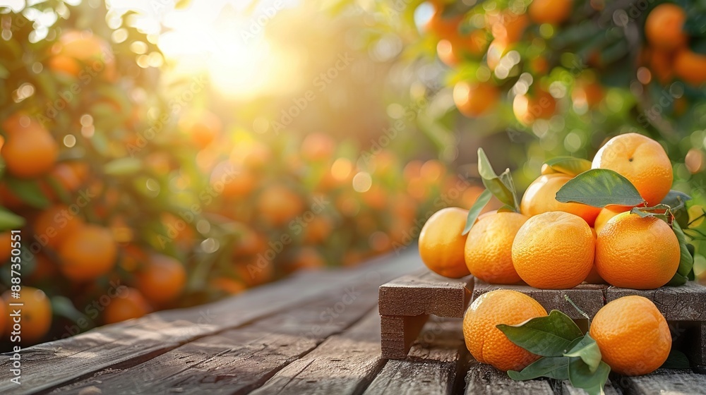 Wall mural Fresh citrus fruits on a table with orange garden and sunlight in the background