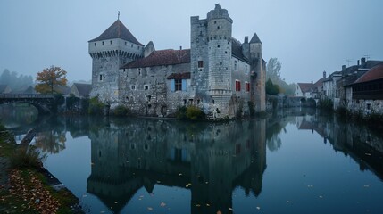 Fototapeta premium A medieval castle reflected in a calm moat on a misty morning