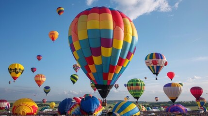 Naklejka premium A colorful hot air balloon festival with balloons ascending into the sky